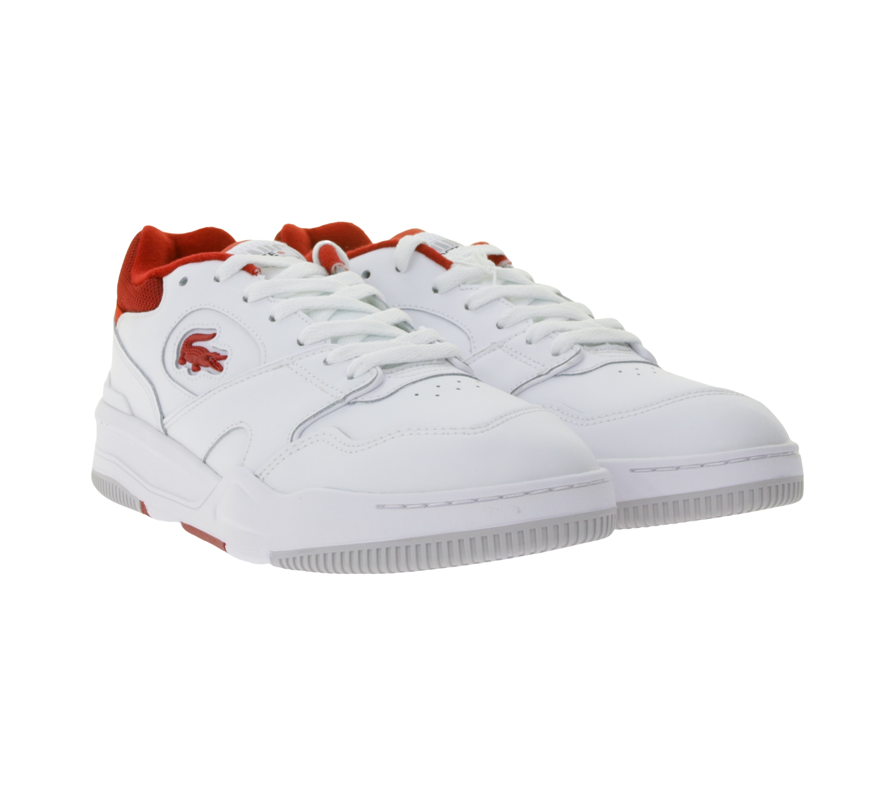 LACOSTE LINESHOT 124 2 SMA Herren Echtleder-Schuhe atmungsaktiver Sneaker mit OrthoLite Innensohle Schnür-Schuhe Weiß/Rot