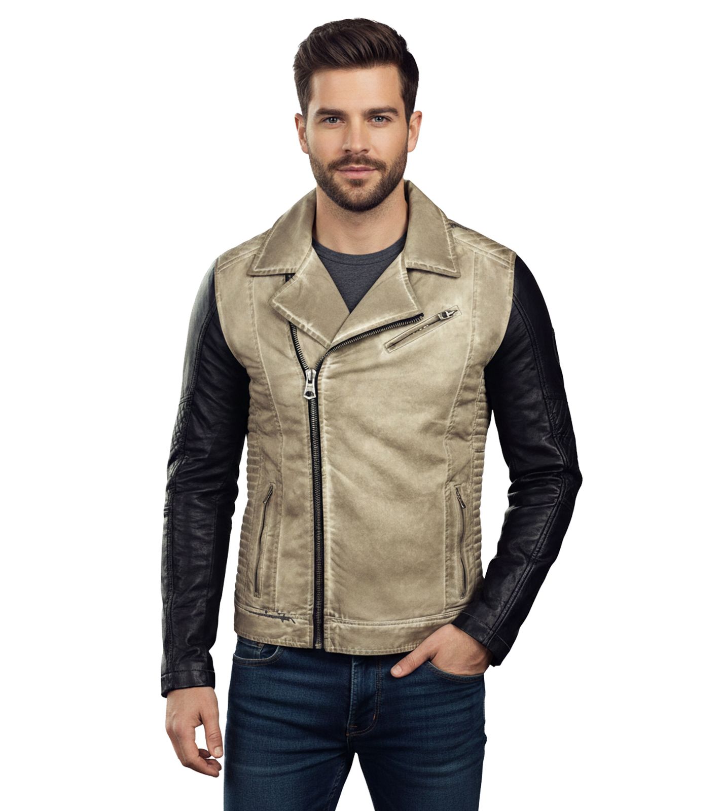 Lässige Herren Biker-Jacke Washed Design mit Kunstleder Ärmeln Slim Fit Übergangs-Jacke 8837 Beige
