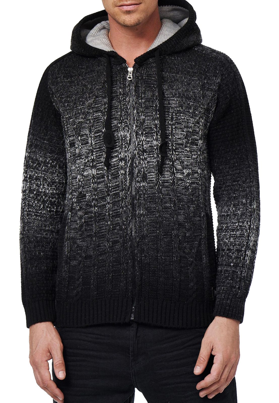 Lässige Herren Strick-Jacke mit Kapuze und Farbverlauf strukturierter Hoodie Cardigan 13390 Schwarz