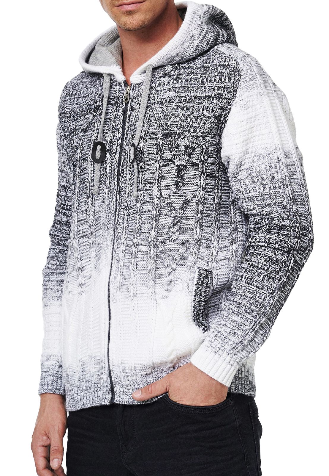 Lässige Herren Strick-Jacke mit Kapuze und Farbverlauf strukturierter Hoodie Cardigan 13390 Weiß