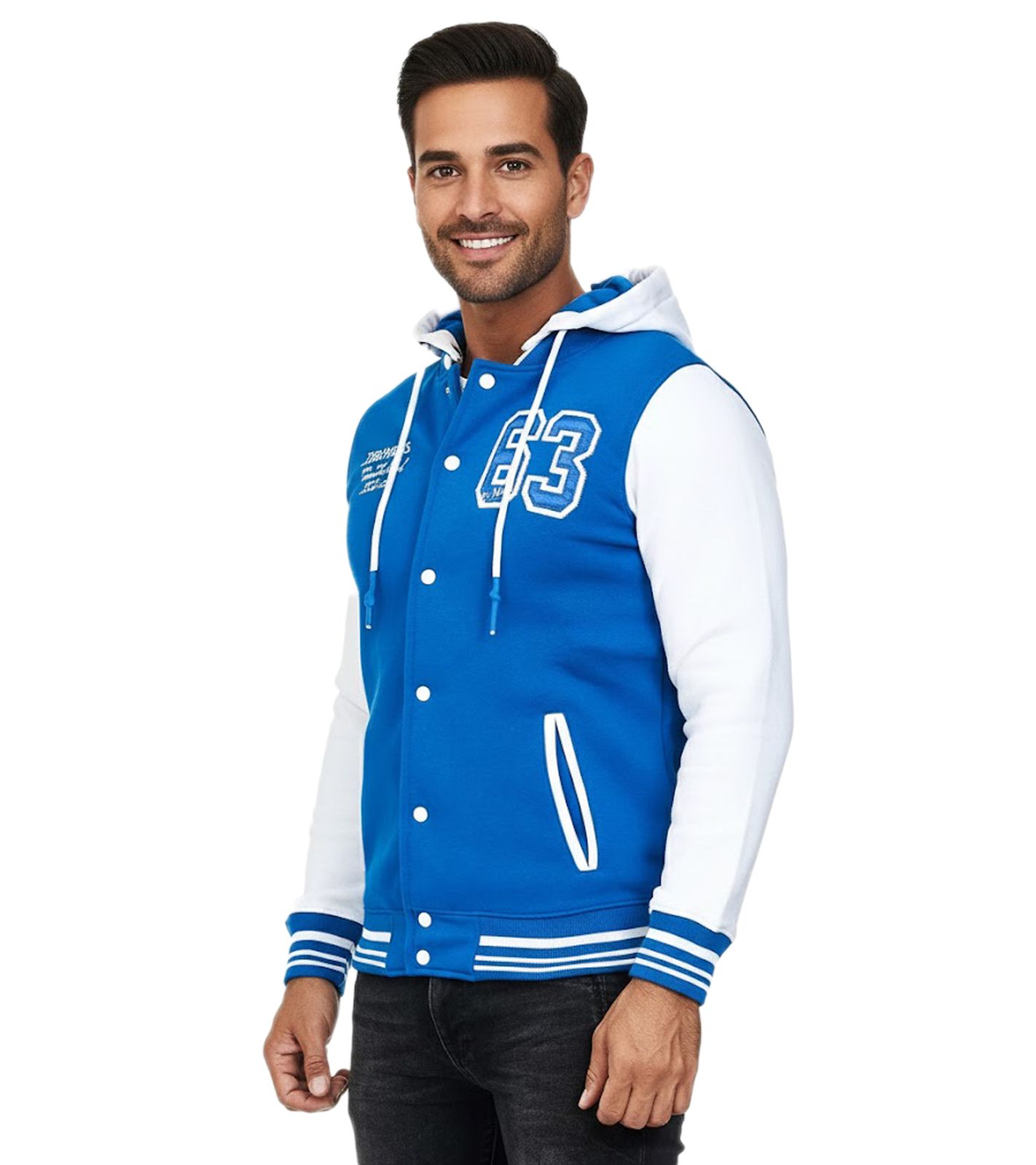 Lässige Sweat-Jacke für Herren im College-Style Kapuzen-Pullover Sweater 6876-1 Royal-Blau/Weiß