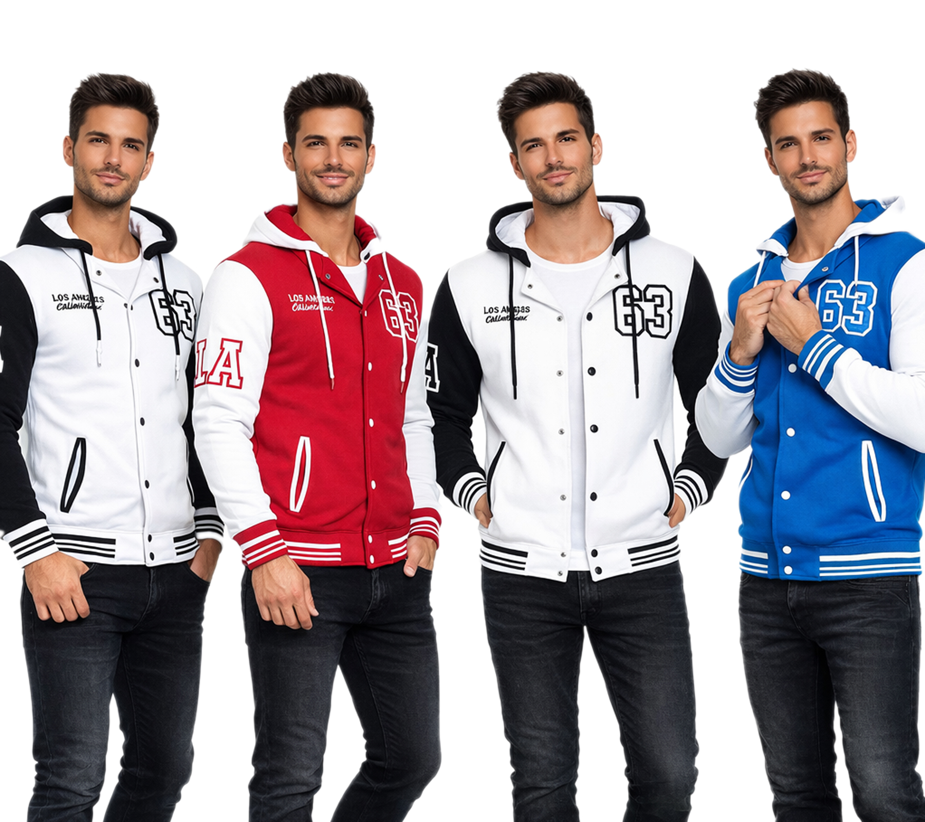 Lässige Sweat-Jacke für Herren im College-Style Kapuzen-Pullover Sweater 6876 in Rot/Weiß, Blau/Weiß oder Weiß/Schwarz