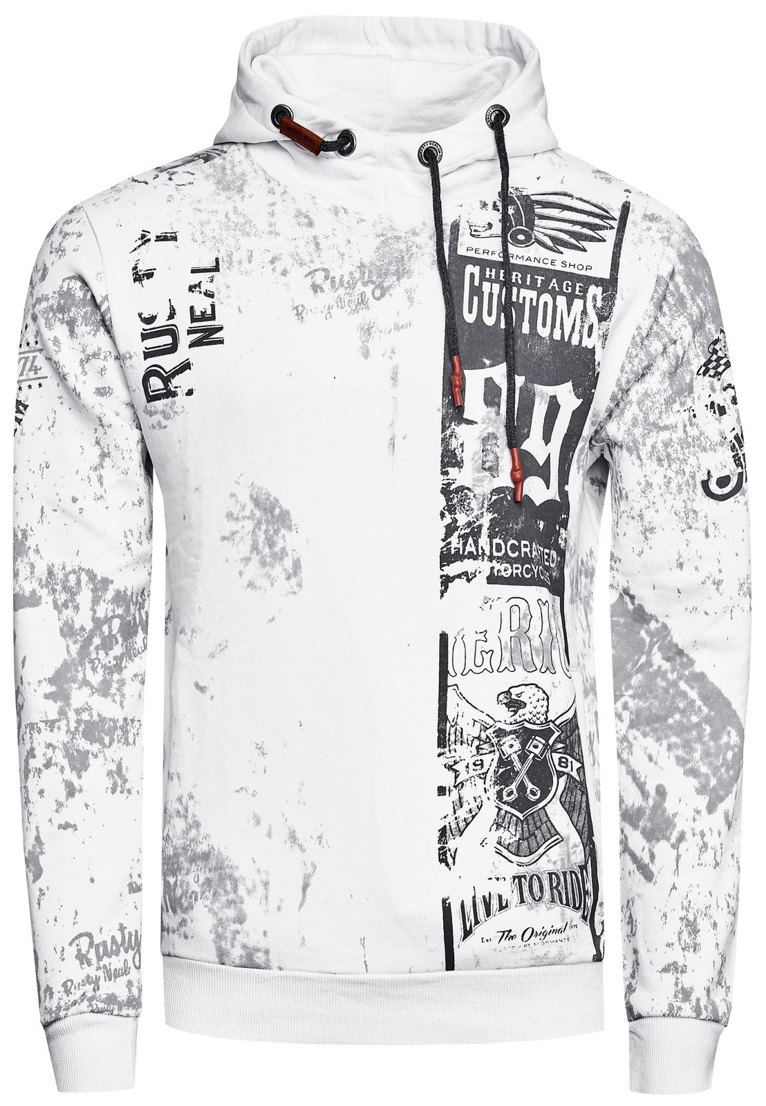 Lässiger Herren Hoodie mit Biker-Prints und Vintage-Waschung Kapuzen-Pullover Sweatshirt 19137 Weiß