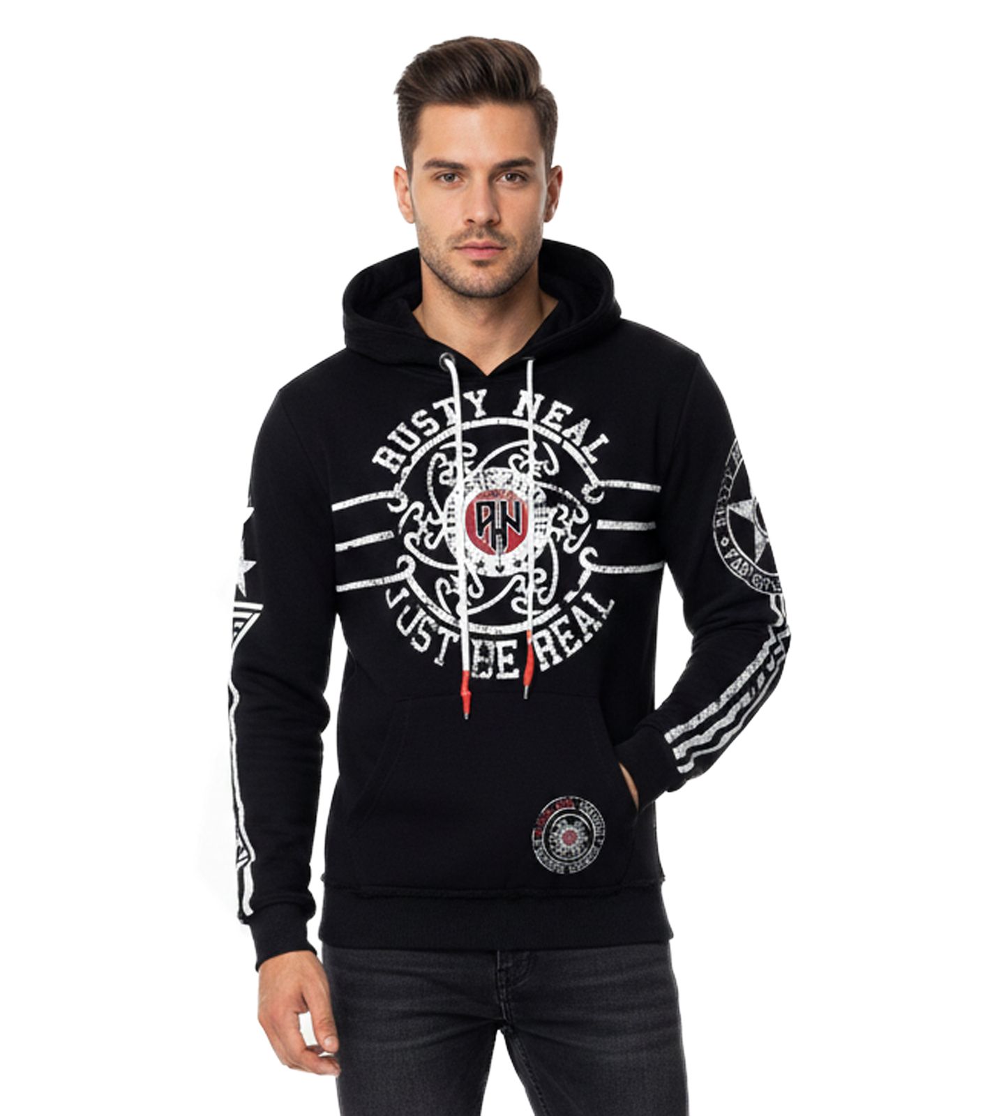 Lässiger Herren Kapuzen-Pullover Hoodie mit Logo-Print und Känguru-Tasche Sweatshirt 19127 Schwarz