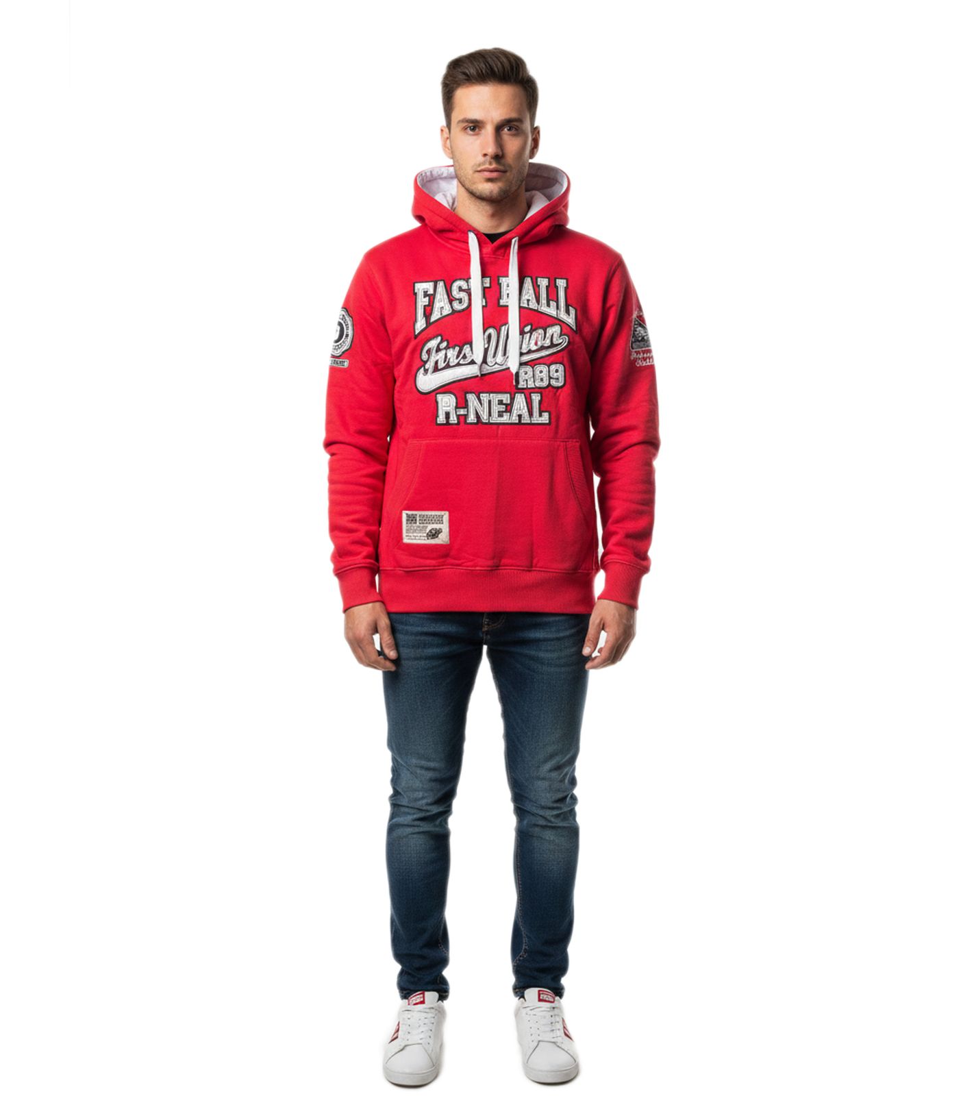 Lässiger Herren Kapuzen-Pullover Hoodie mit Logo-Print und Känguru-Tasche Sweatshirt 6915-Rot