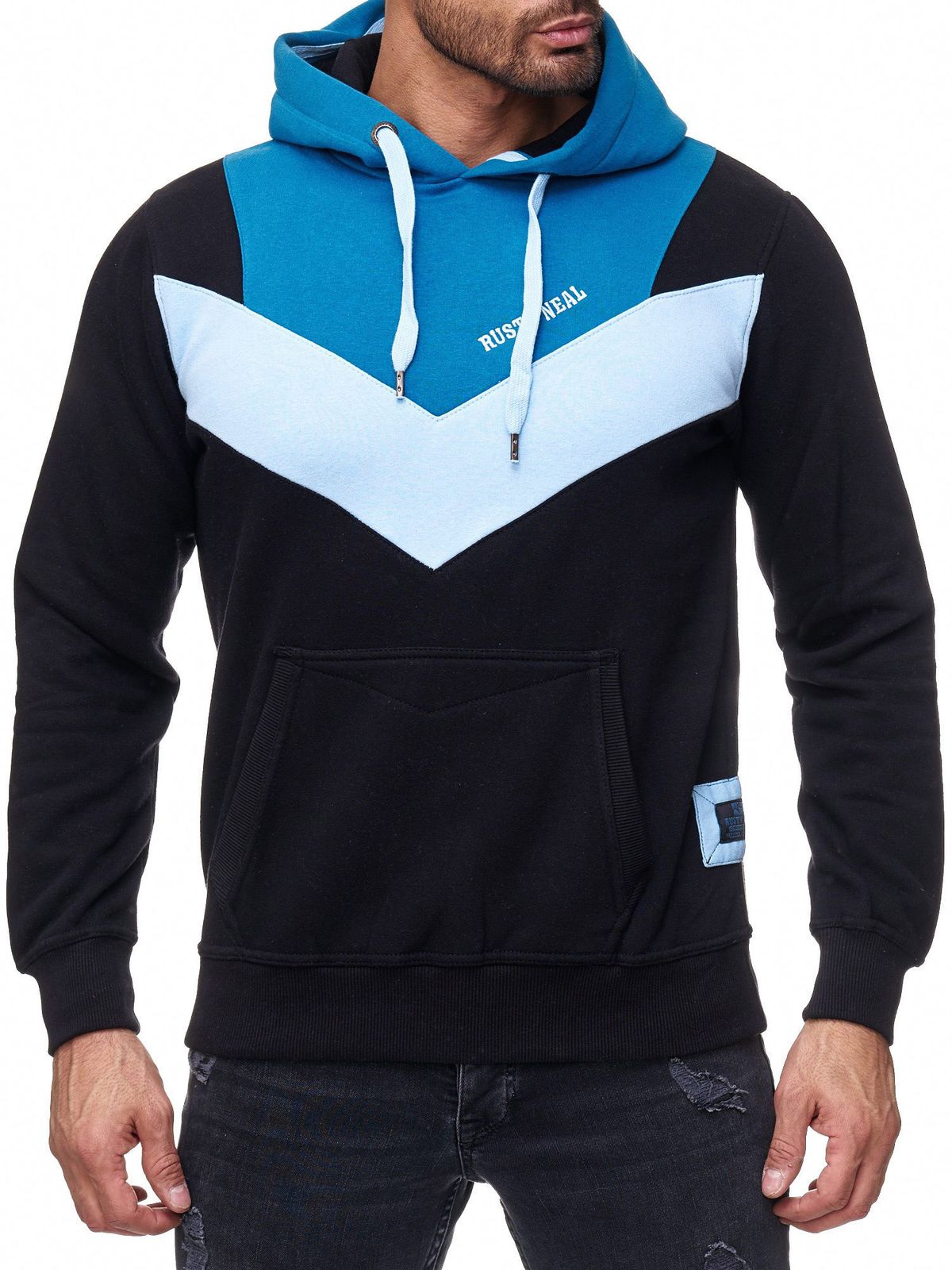 Lässiger Herren Kapuzen-Pullover im Colorblock Design Hoodie mit Kängurutasche Sweater 19047 Petrol