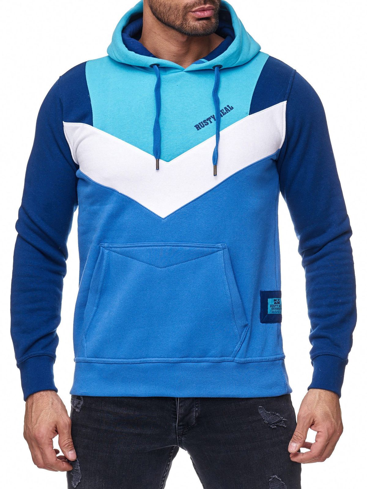 Lässiger Herren Kapuzen-Pullover im Colorblock Design Hoodie mit Kängurutasche Sweater 19047 Türkis