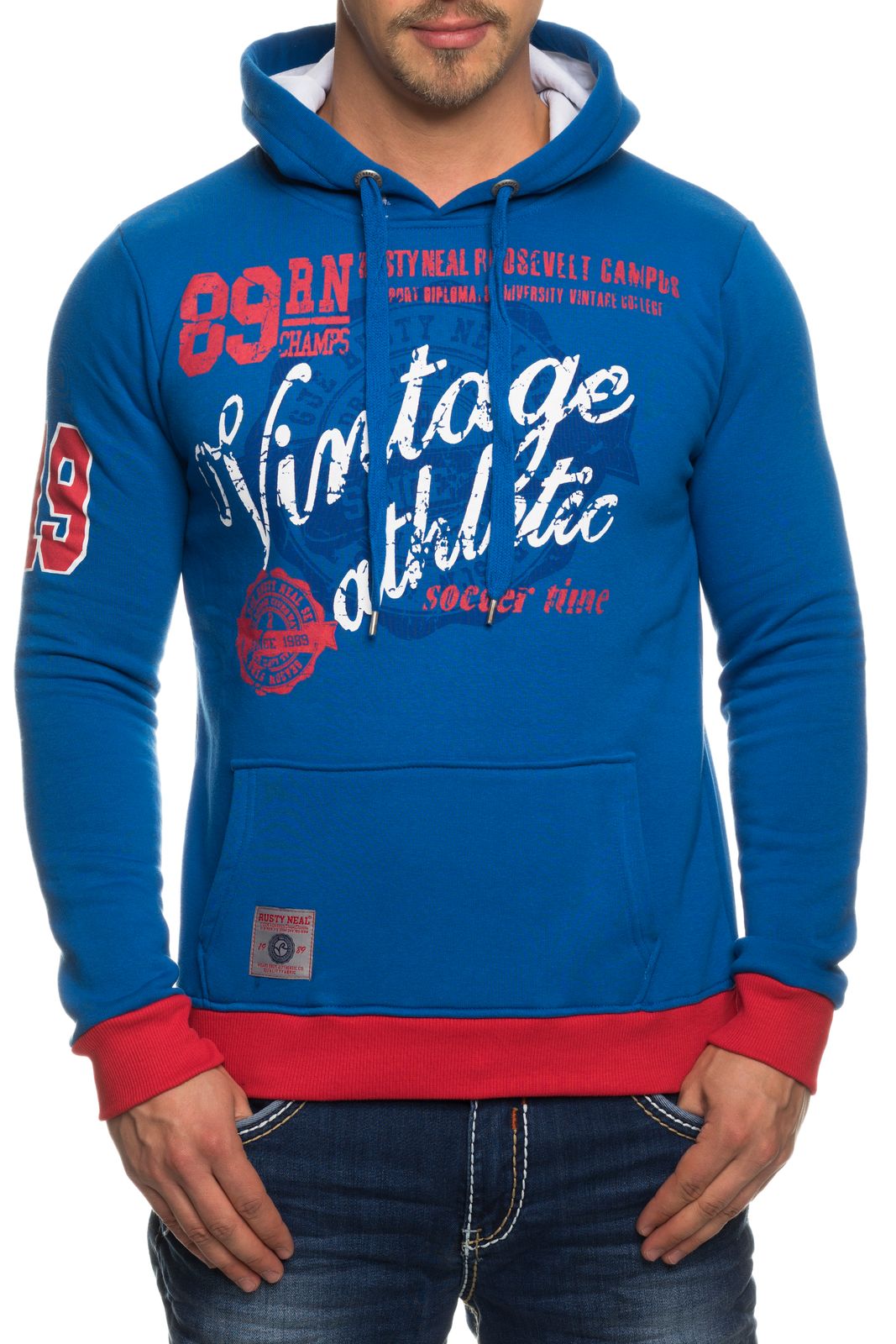 Lässiger Herren Kapuzen-Pullover mit Vintage Print Sweater mit Kängurutasche Hoodie 6870 Blau
