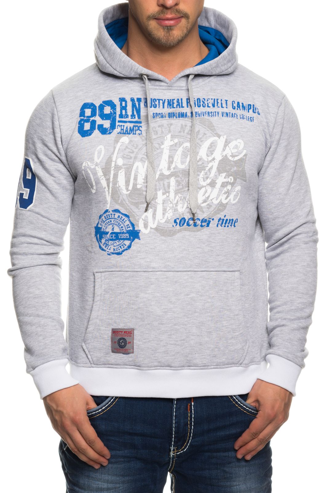 Lässiger Herren Kapuzen-Pullover mit Vintage Print Sweater mit Kängurutasche Hoodie 6870 Grau