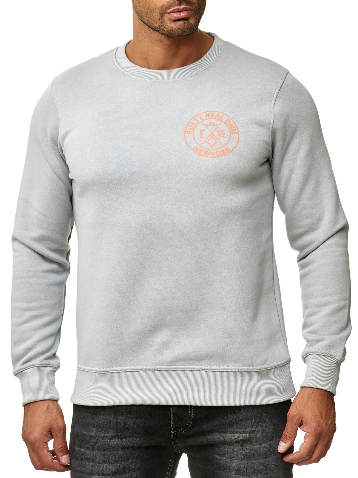 Lässiger Herren Rundhals-Sweater mit Logo Print und großem Rückendruck Pullover 19103 Grau