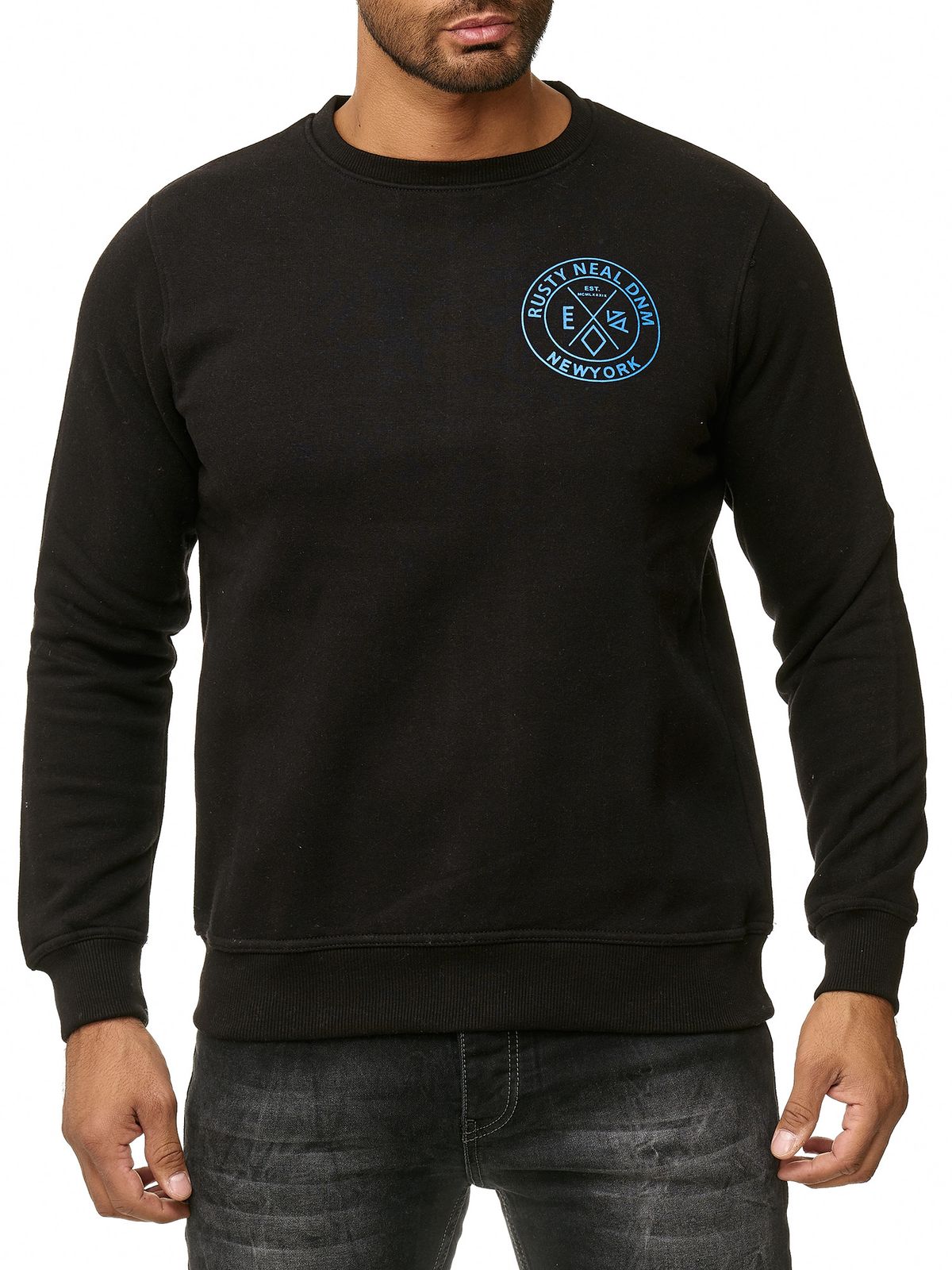 Lässiger Herren Rundhals-Sweater mit Logo Print und großem Rückendruck Pullover 19103 Schwarz