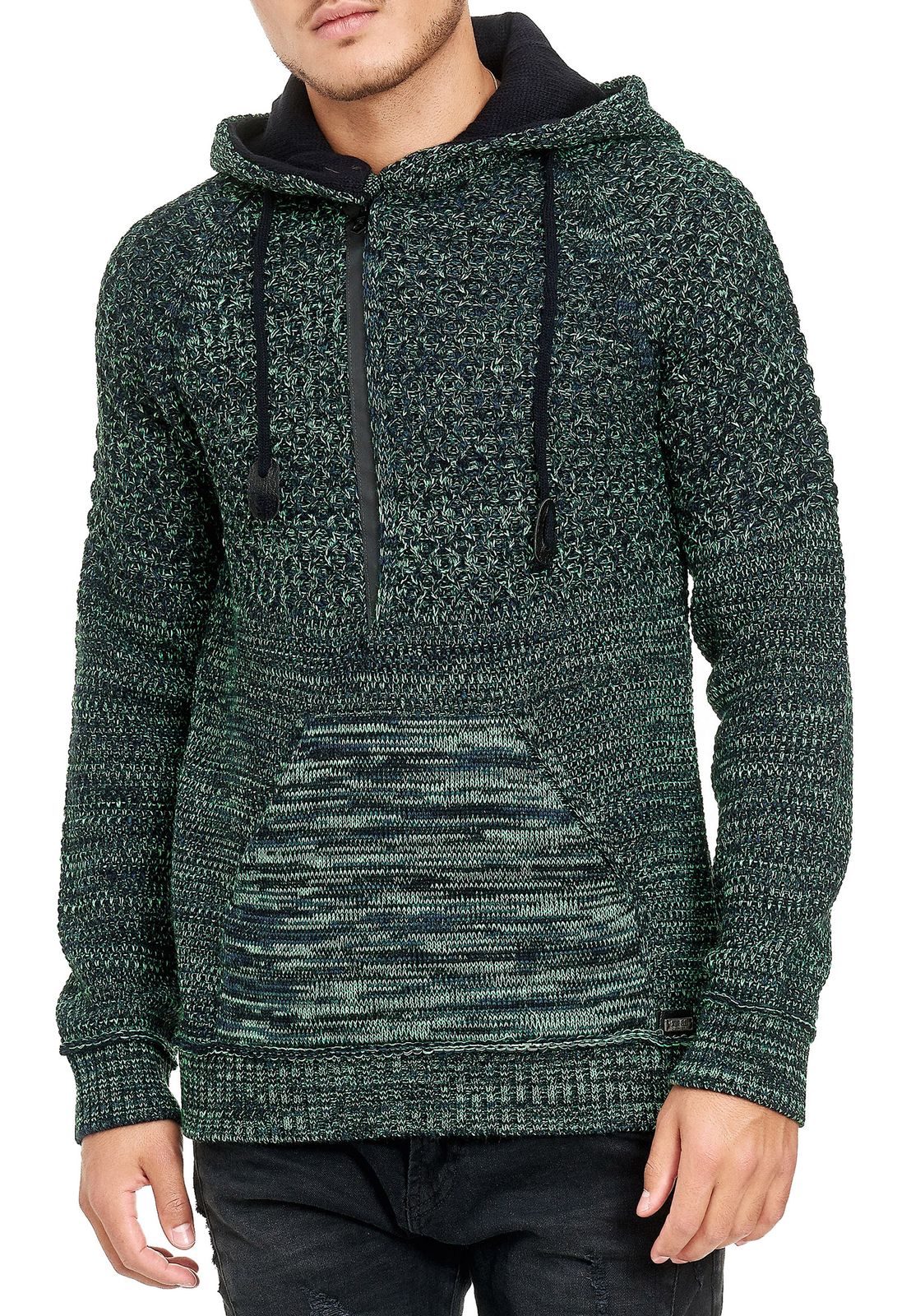 Lässiger Herren Strick Kapuzen-Pullover mit Half-Zip-Reißverschluss Sweater mit Biker-Struktur Hoodie 13346 Neon-Grün