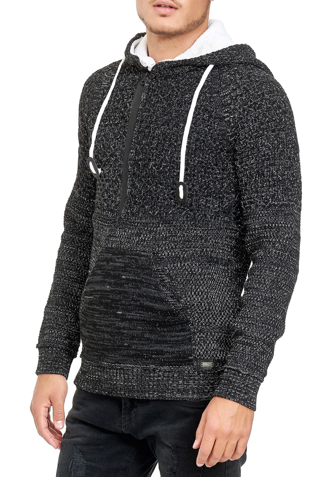 Lässiger Herren Strick Kapuzen-Pullover mit Half-Zip-Reißverschluss Sweater mit Biker-Struktur Hoodie 13346 Schwarz