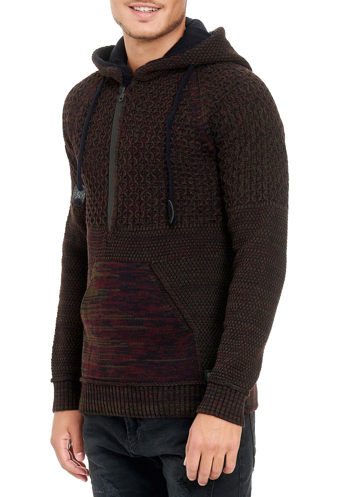 Lässiger Herren Strick Kapuzen-Pullover mit Half-Zip-Reißverschluss Sweater mit Biker-Struktur Hoodie 13346 Weinrot