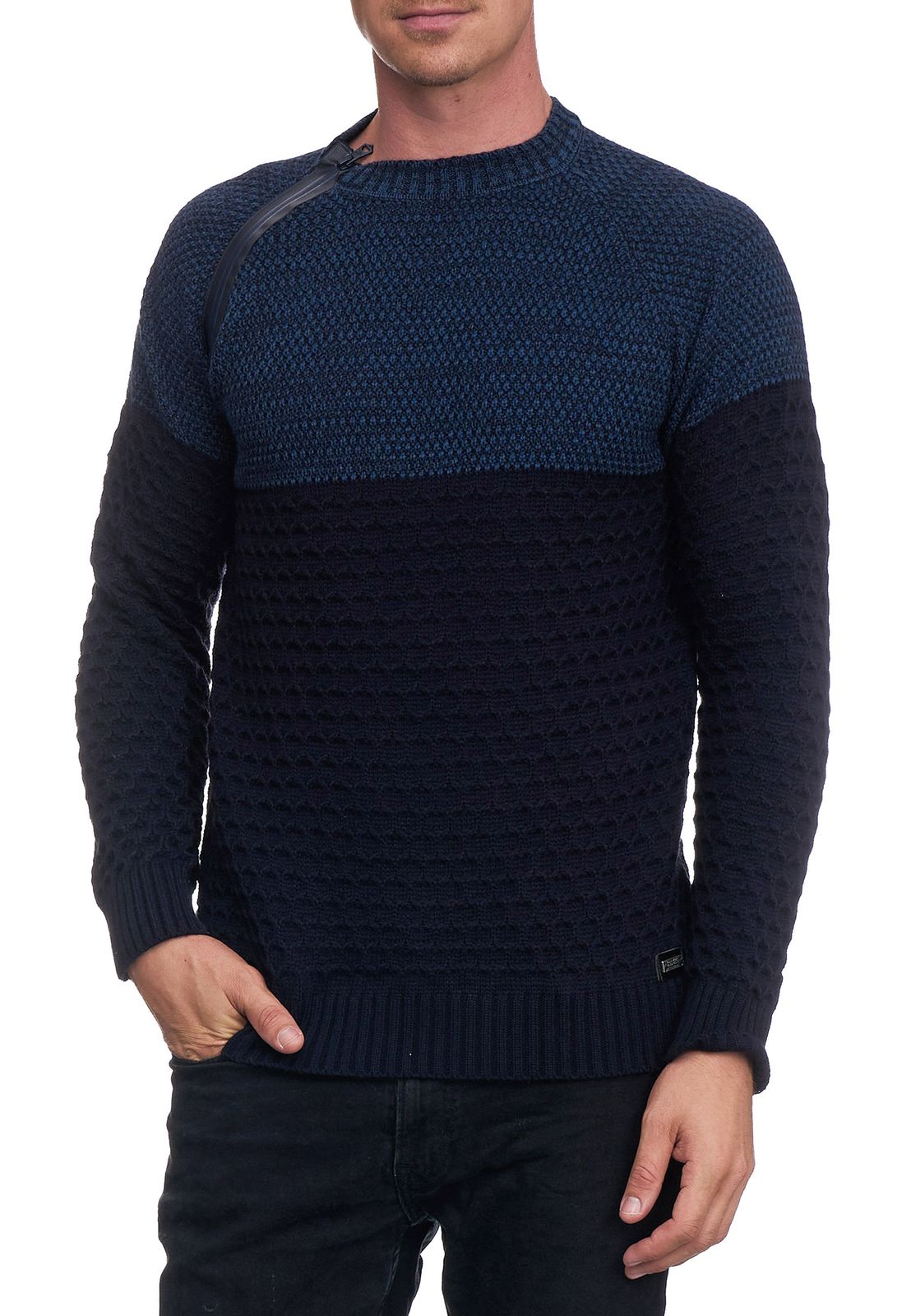 Lässiger Herren Strick-Pullover mit seitlichem Zipper und Struktur Rundhals-Sweater 13359 Marine