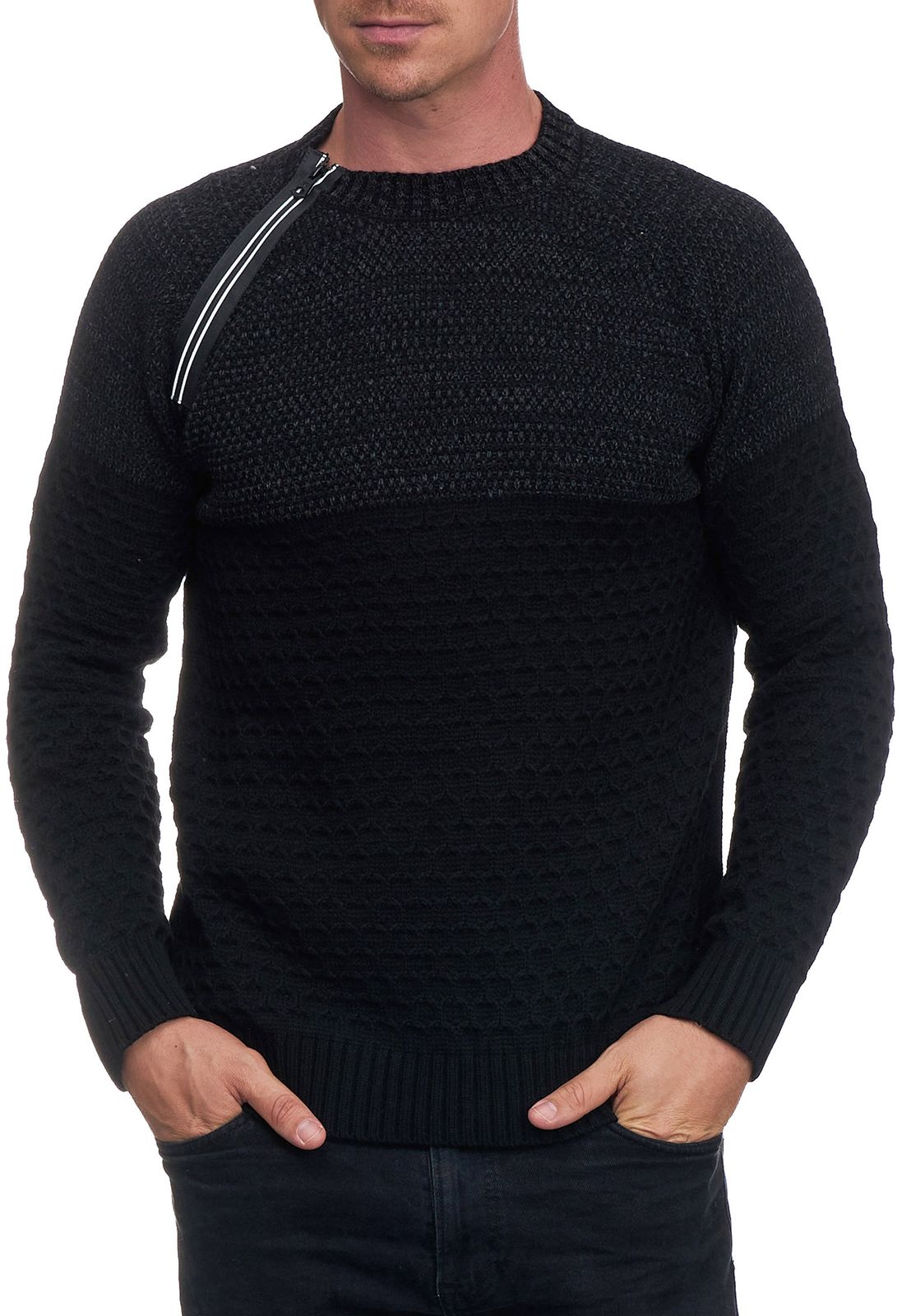 Lässiger Herren Strick-Pullover mit seitlichem Zipper und Struktur Rundhals-Sweater 13359 Schwarz