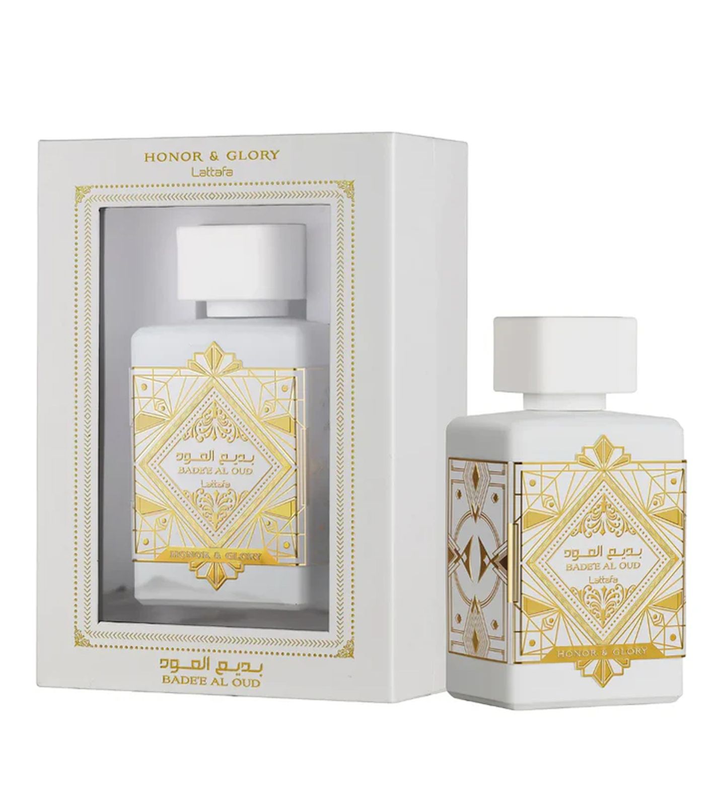 Lattafa Badee Al Oud Honor & Glory Eau de Parfum mit intensiver orientalisch-holziger Ausstrahlung geprägt von warmer Oud-Tiefe Körper-Parfüm in 100ml Weiß