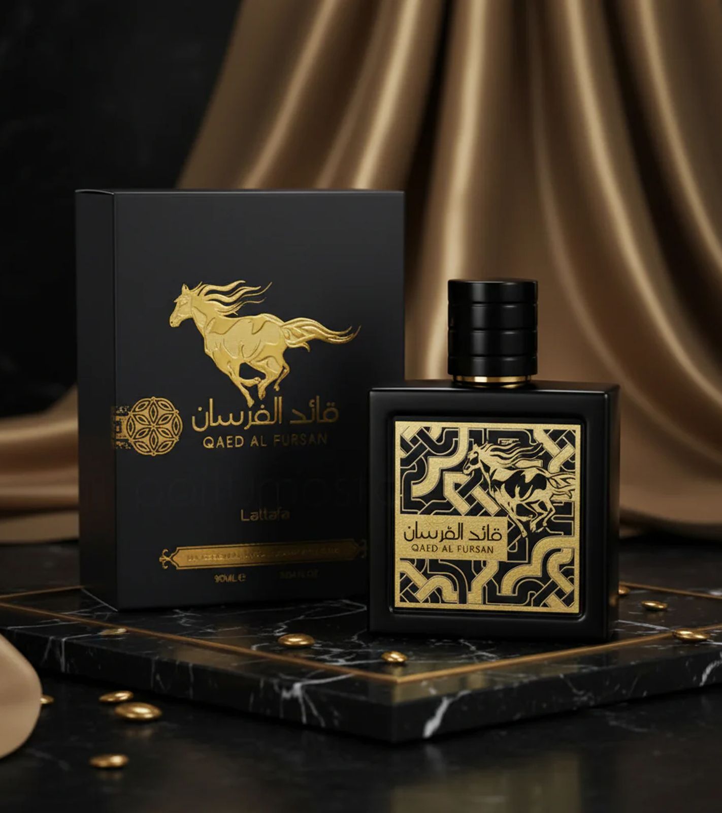 Lattafa Qaed Al Fursan Unisex Eau de Parfum Intensiver orientalischer Körper-Duft für Damen und Herren 90ml Schwarz/Gold