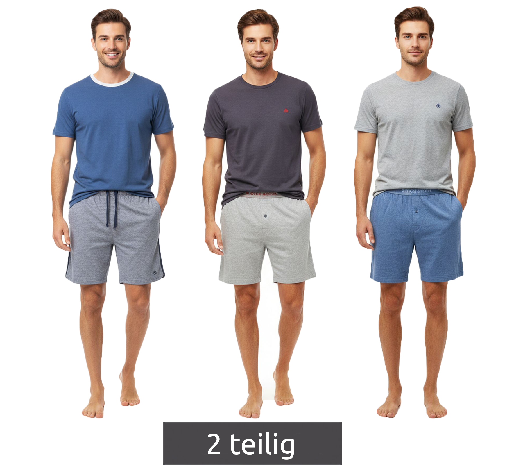 leichter SCOTCH & SODA Herren Pyjama 2-teiliges Shorty-Set mit Baumwolle kurzer Schlafanzug Grau/Navy, Blau oder Dunkelblau/Grau