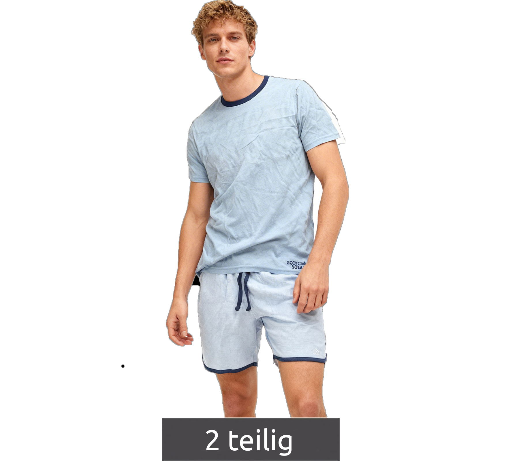 leichter SCOTCH & SODA Herren Pyjama 2-teiliges Shorty-Set mit Baumwolle kurzer Schlafanzug SSSP25M206083-421 Hellblau