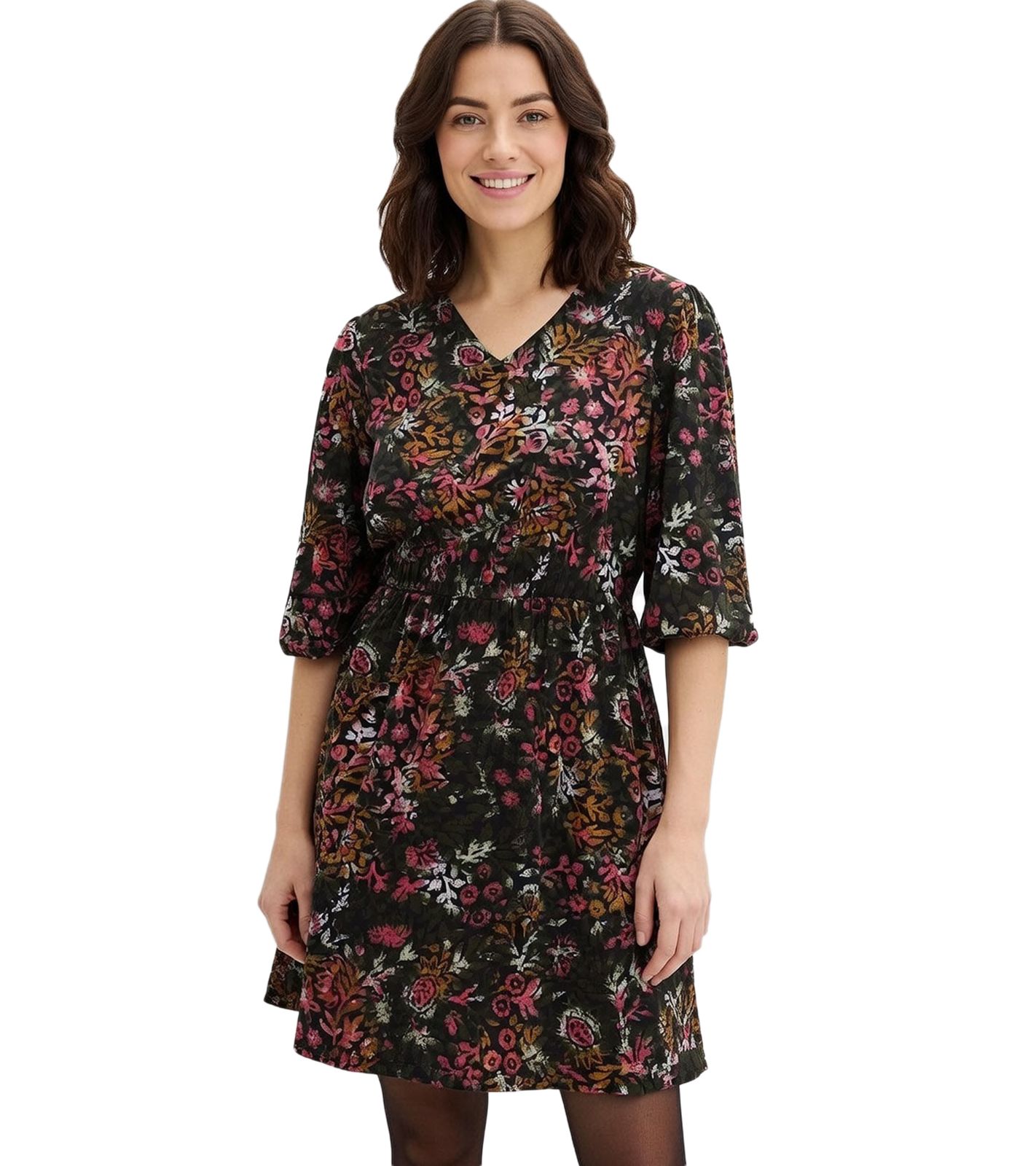 leichtes Damen Sommer-Kleid Tunika-Kleid mit Blüten-Print Mini-Kleid 918906 Schwarz/Bunt
