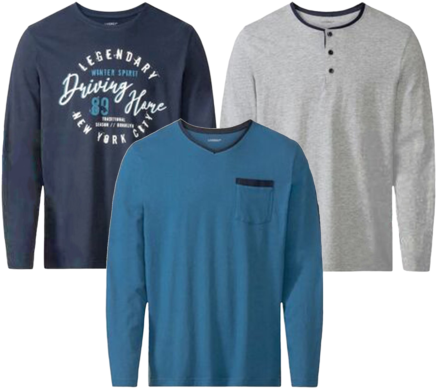 LIVERGY Herren Pyjama Top Nachtwäsche Oberteil Schlaf-Shirt 390208-2201 Blau, Navy oder Grau