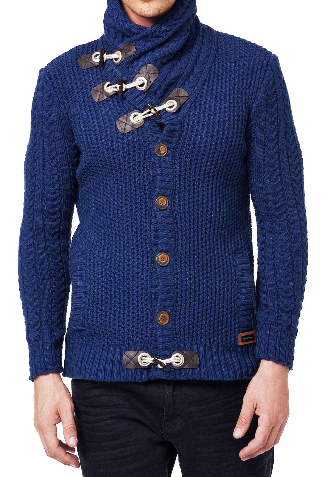Markante Herren Grobstrick-Jacke mit Stehkragen und Knebelverschluss Cardigan 13418 Petrol