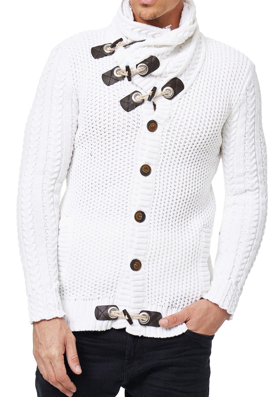 Markante Herren Grobstrick-Jacke mit Stehkragen und Knebelverschluss Cardigan 13418 Weiß