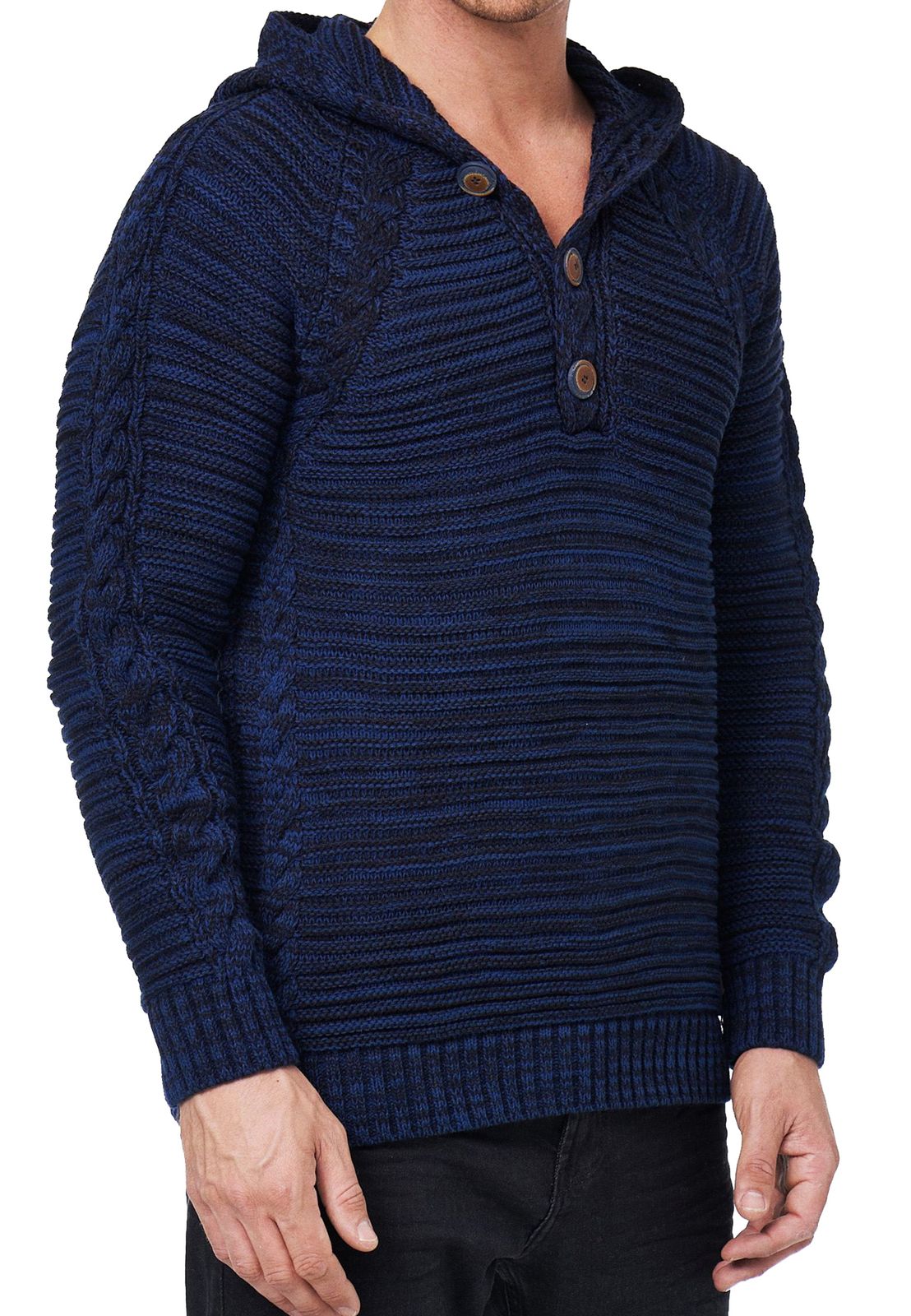 Markanter Herren Grobstrick Kapuzen-Pullover mit Knopfleiste und Zopfstruktur Strick-Hoodie Sweater 13385 Indigo