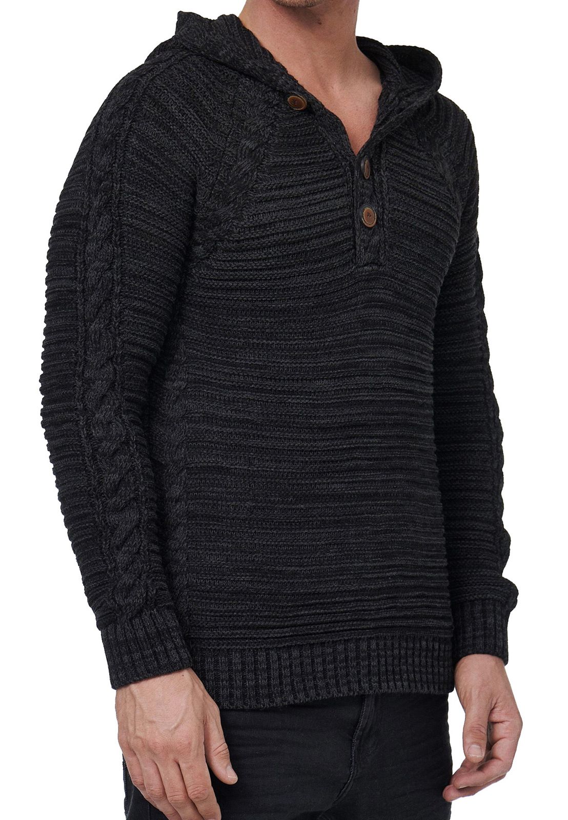 Markanter Herren Grobstrick Kapuzen-Pullover mit Knopfleiste und Zopfstruktur Strick-Hoodie Sweater 13385 Schwarz