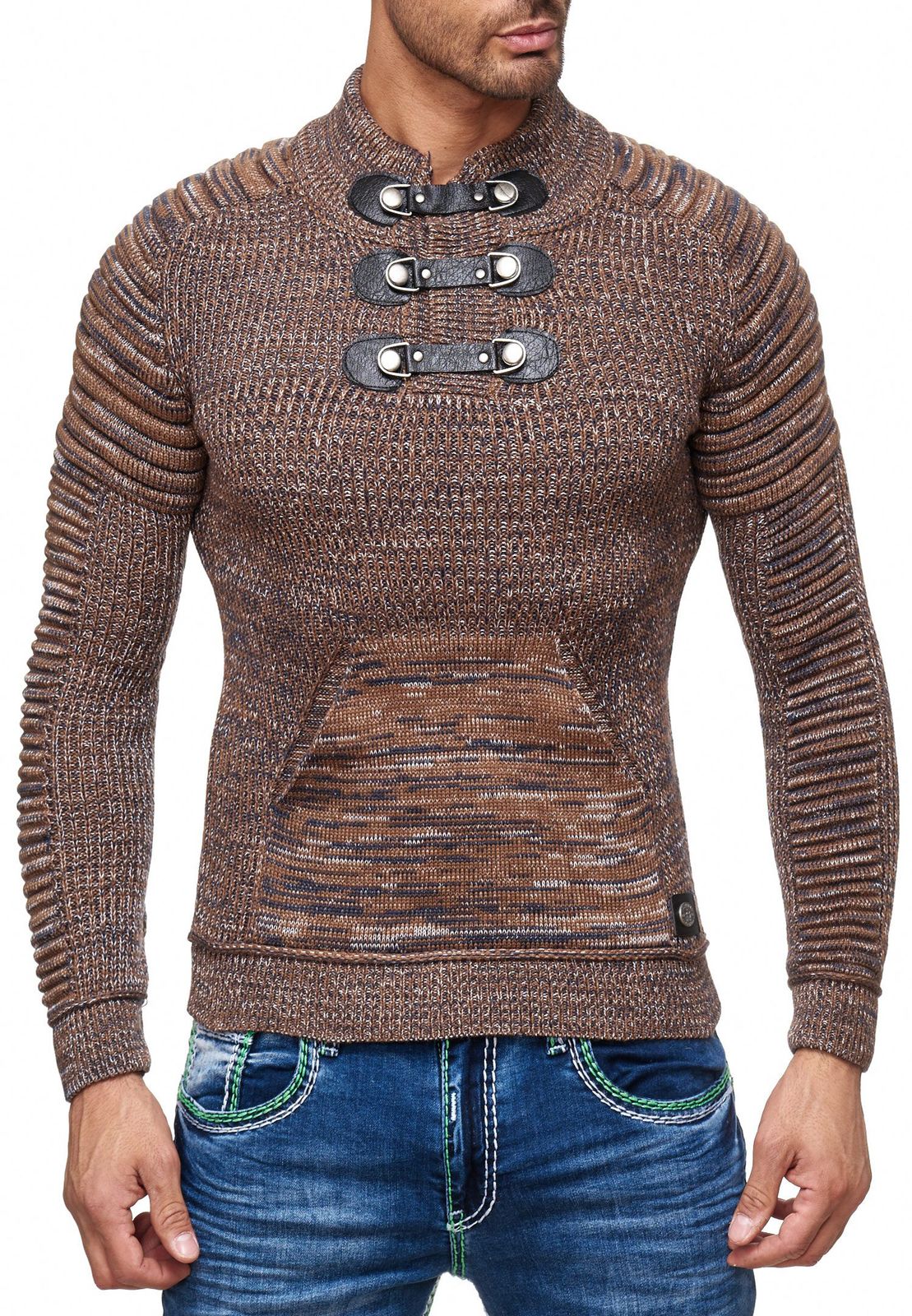 Markanter Herren Grobstrick-Pullover mit Stehkragen und Kragenverschluss Struktur-Strick-Sweater 13299 Camel