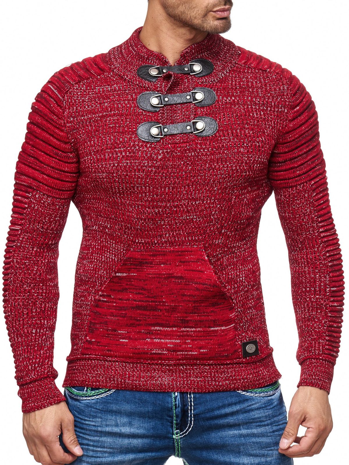 Markanter Herren Grobstrick-Pullover mit Stehkragen und Kragenverschluss Struktur-Strick-Sweater 13299 Rot