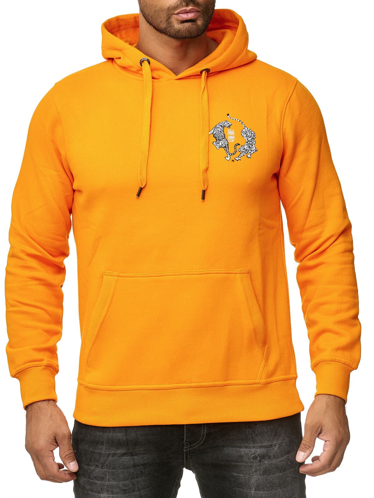 Markanter Herren Kapuzen-Pullover mit Tiger Print und Rückendruck Hoodie urbaner Sweater 19100 Orange