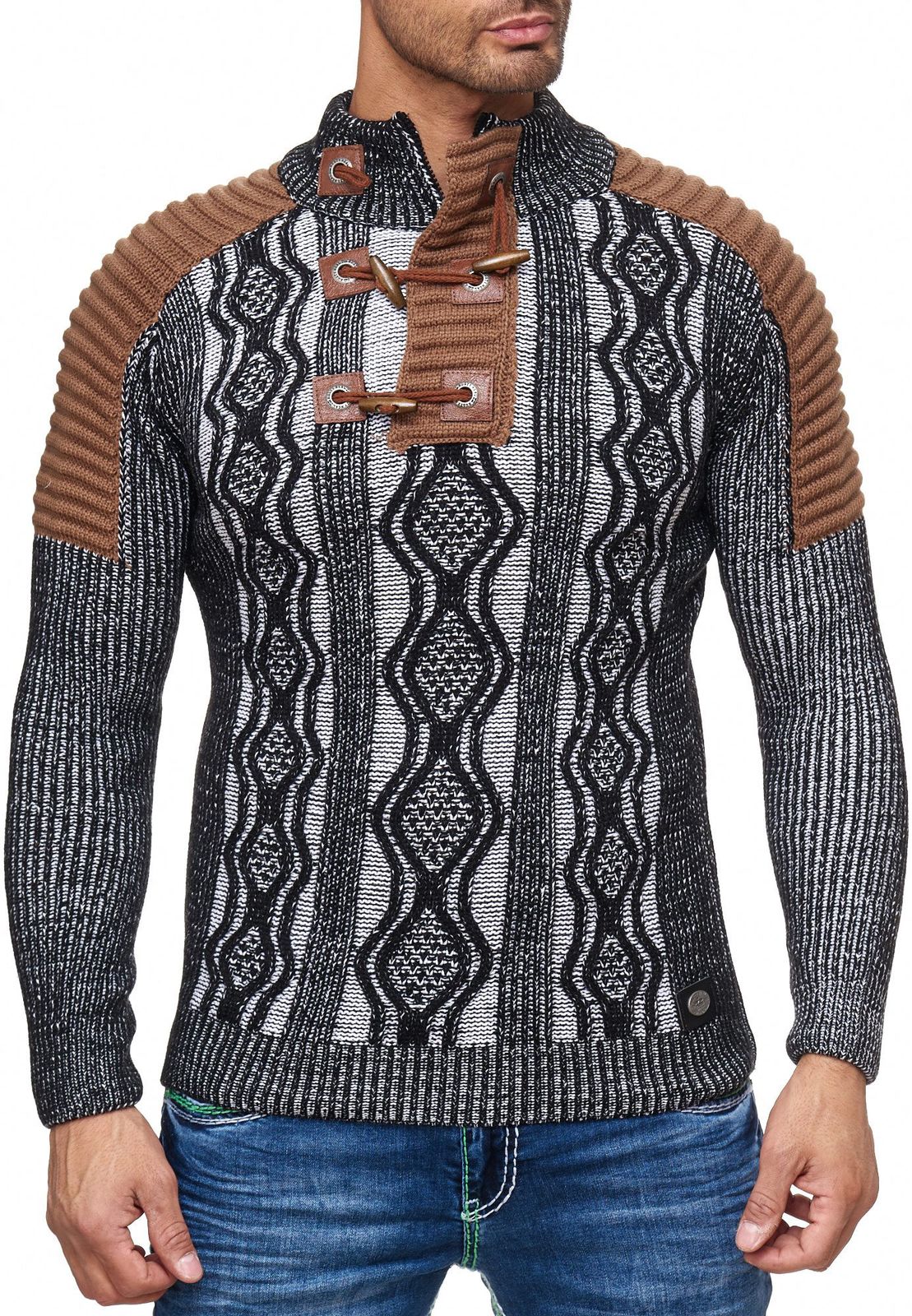 Markanter Herren Strick-Pullover mit Stehkragen und KnebelverschlussKontrast Strick-Sweater 13285 Schwarz/Weiß