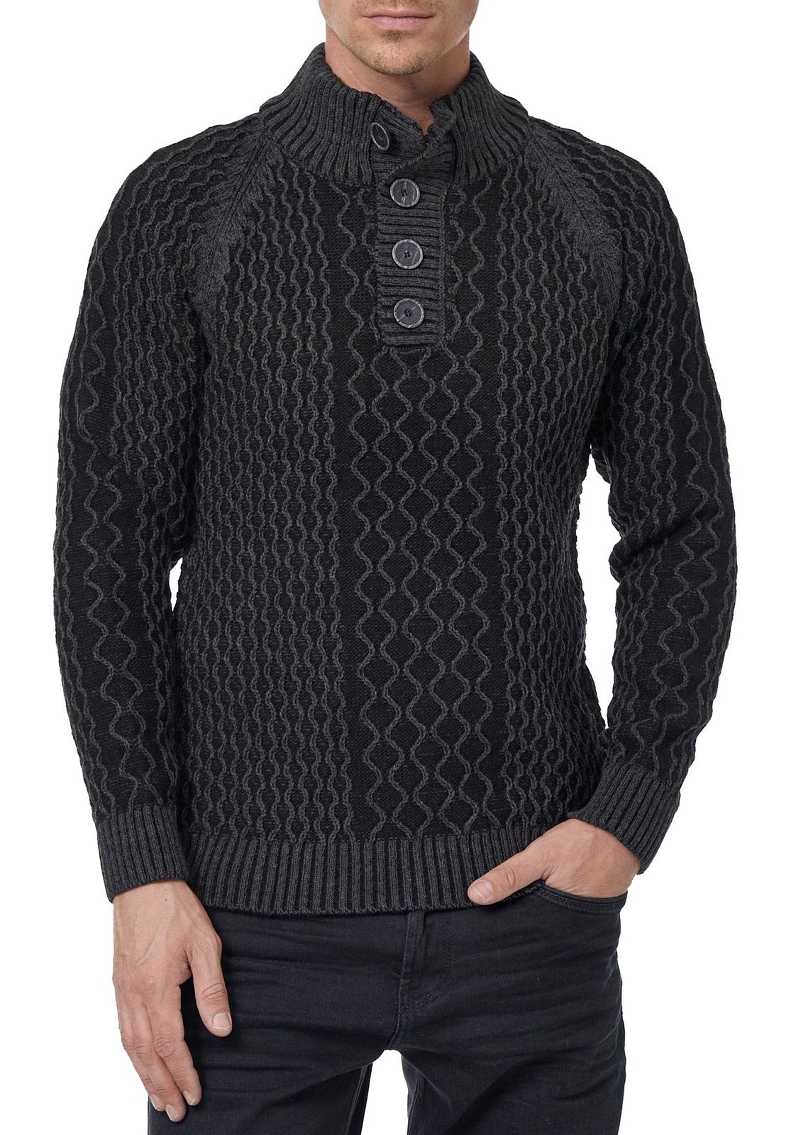 Markanter Herren Strick-Pullover mit Stehkragen und Knopfleiste Kontrast-Sweater im Strukturstrick 13394 Anthrazit