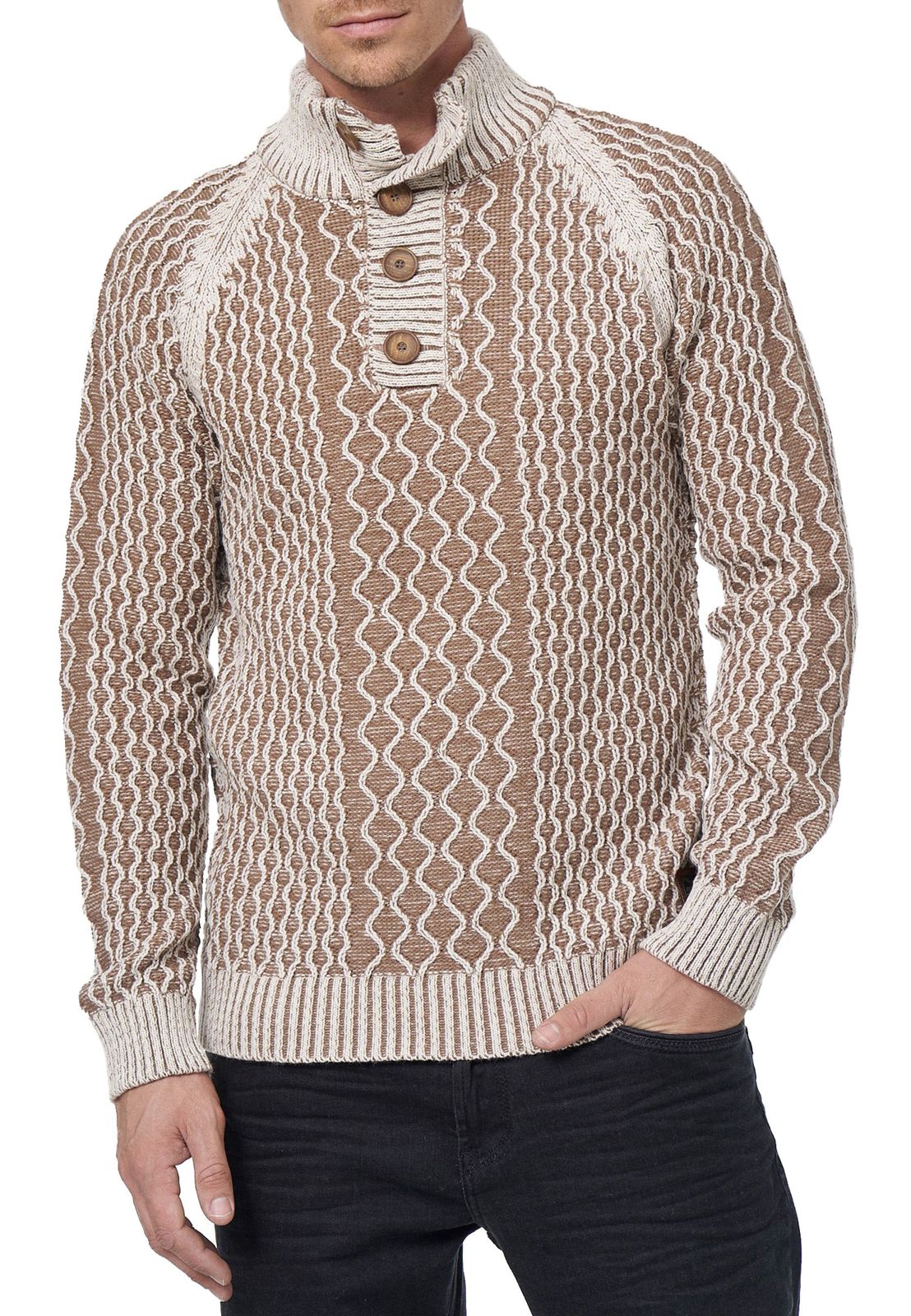 Markanter Herren Strick-Pullover mit Stehkragen und Knopfleiste Kontrast-Sweater im Strukturstrick 13394 Beige