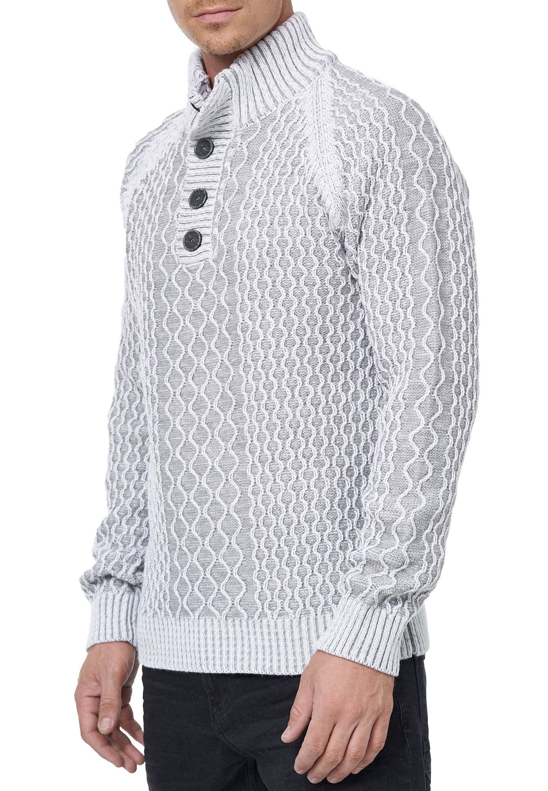 Markanter Herren Strick-Pullover mit Stehkragen und Knopfleiste Kontrast-Sweater im Strukturstrick 13394 Weiß