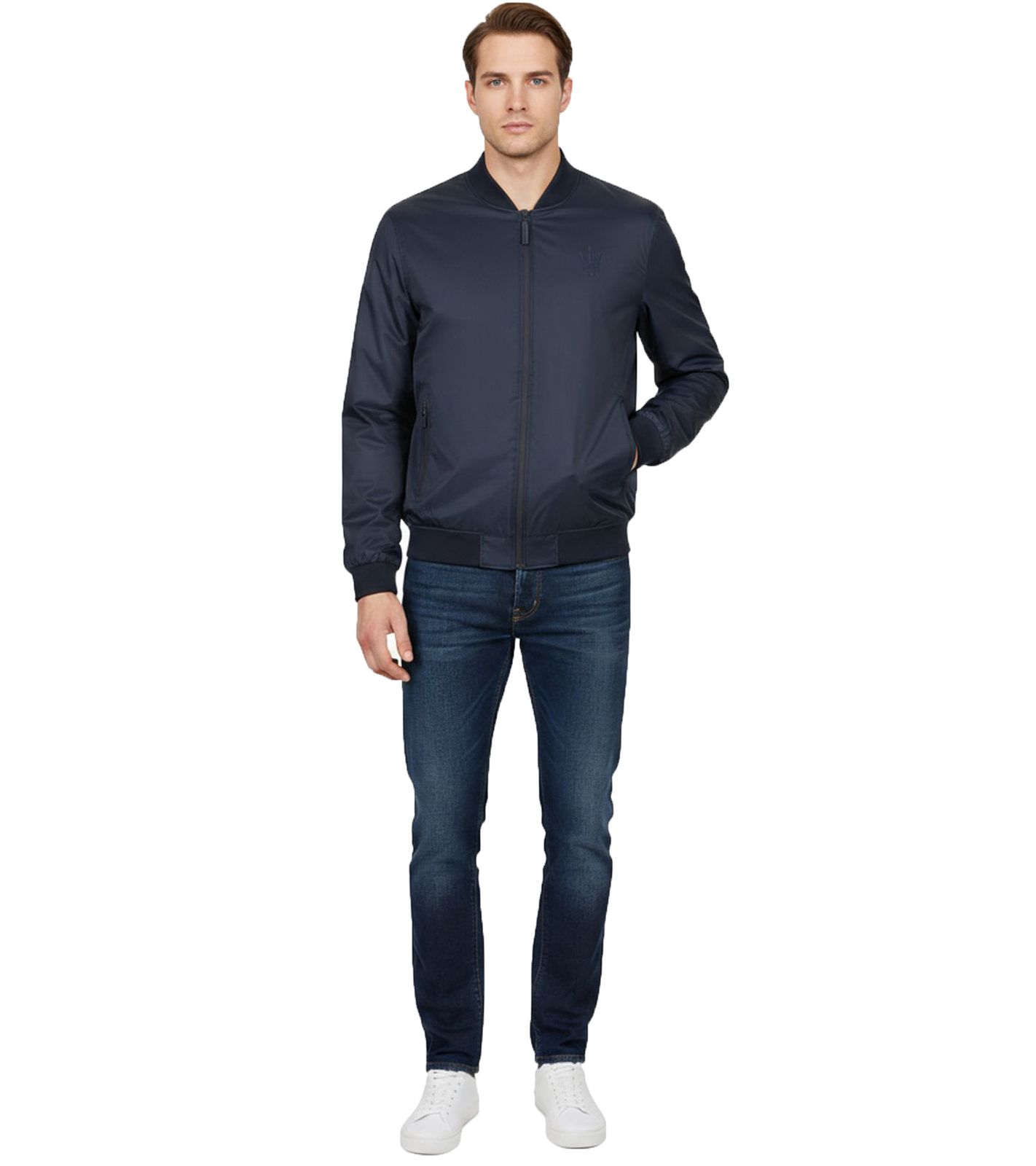 Maserati Herren Herren Bomber-Jacke mit Maxi-Trident Logo-Print Motorsport Frühlings-Jacke Dunkelblau