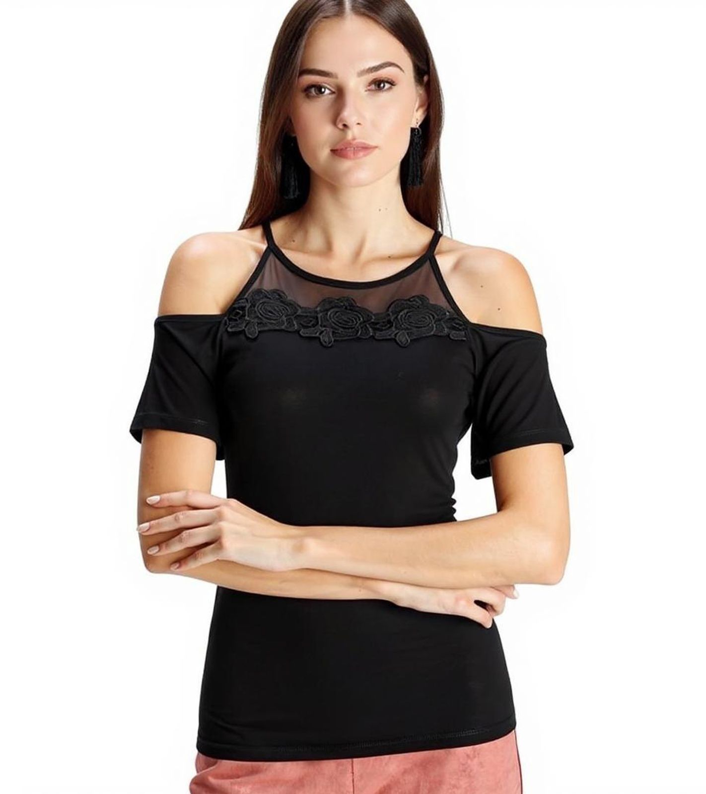 MELROSE Damen Off-Shoulder-Shirt mit Blumenborder elegantes Ausgeh-Top 89386742 Schwarz