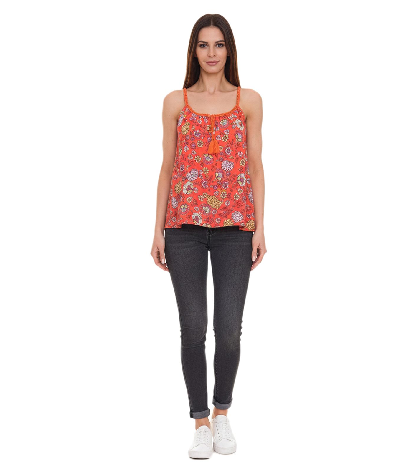 melrose Tussle Damen Wirk-Top geblümtes Spaghetti Top mit Quaste 76377235 Orange