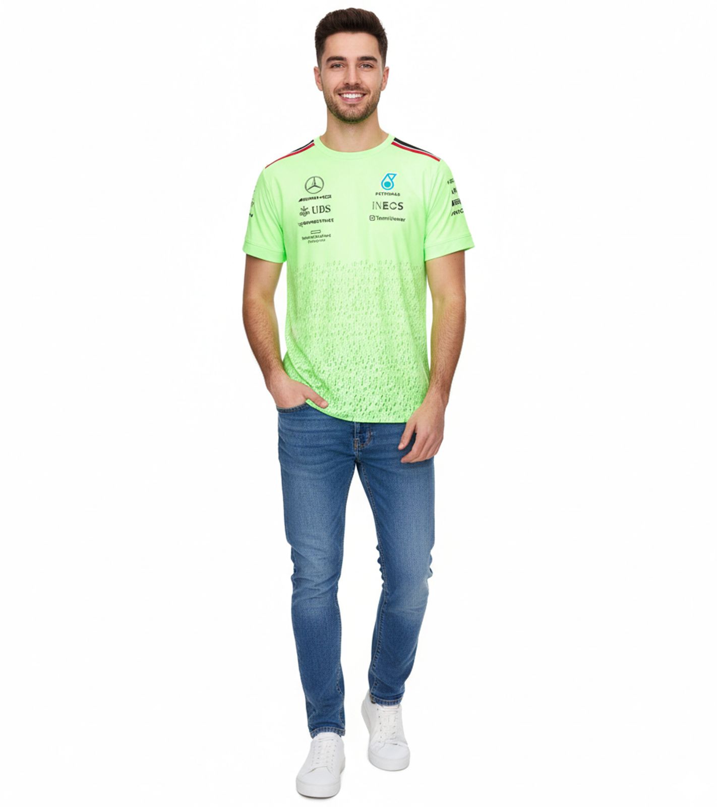 Mercedes-Benz AMG Petronas F1 Herren T-Shirt mit Sponsoren-Logos Kurzarm-Shirt 701223440 001 Neon-Grün