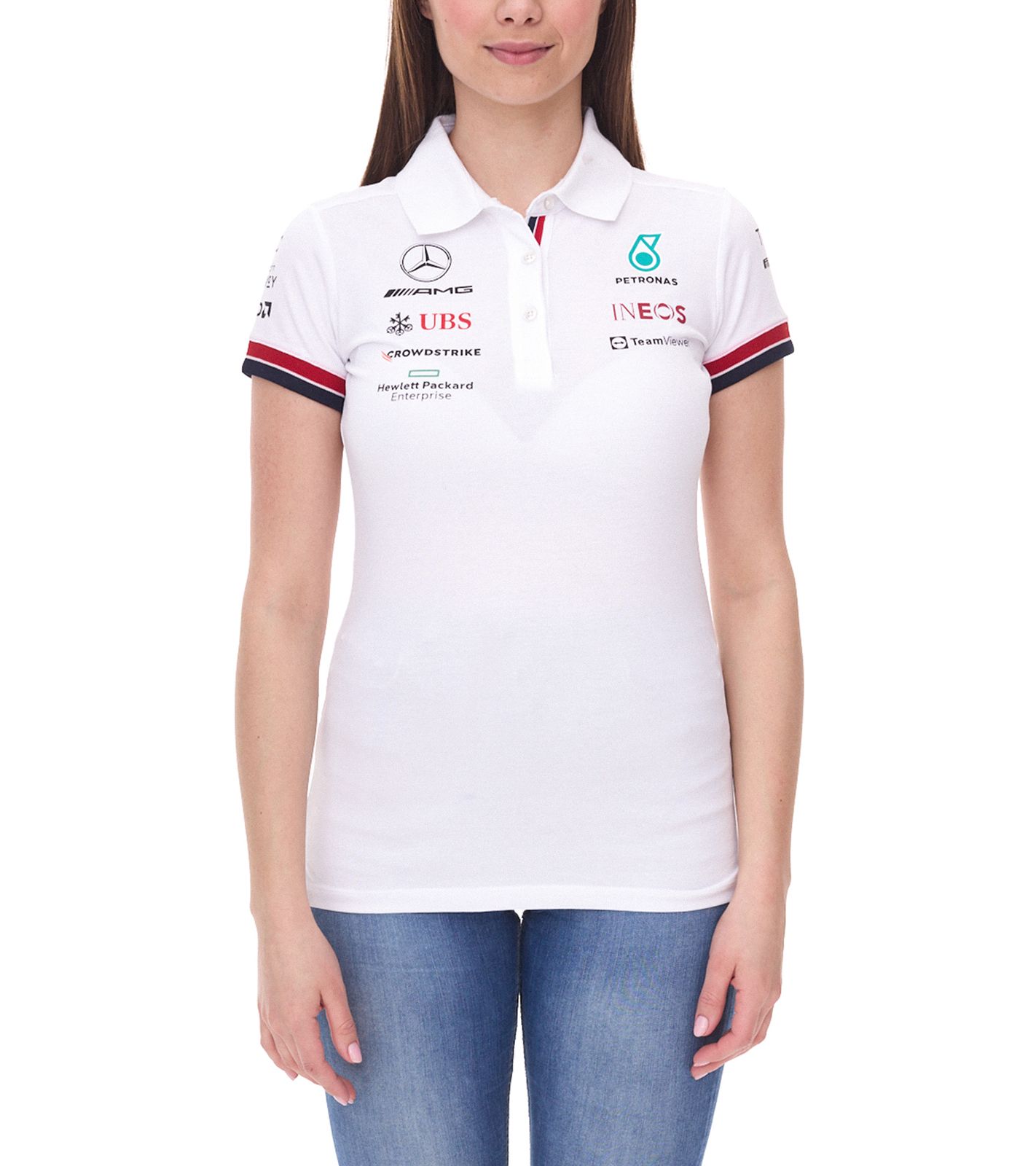Mercedes-Benz AMG Petronas F1 MAPF1 Damen Baumwoll-Shirt Polo-Shirt mit Team- und Sponsoren-Logos Kurzarm-Shirt 701219231 002 Weiß