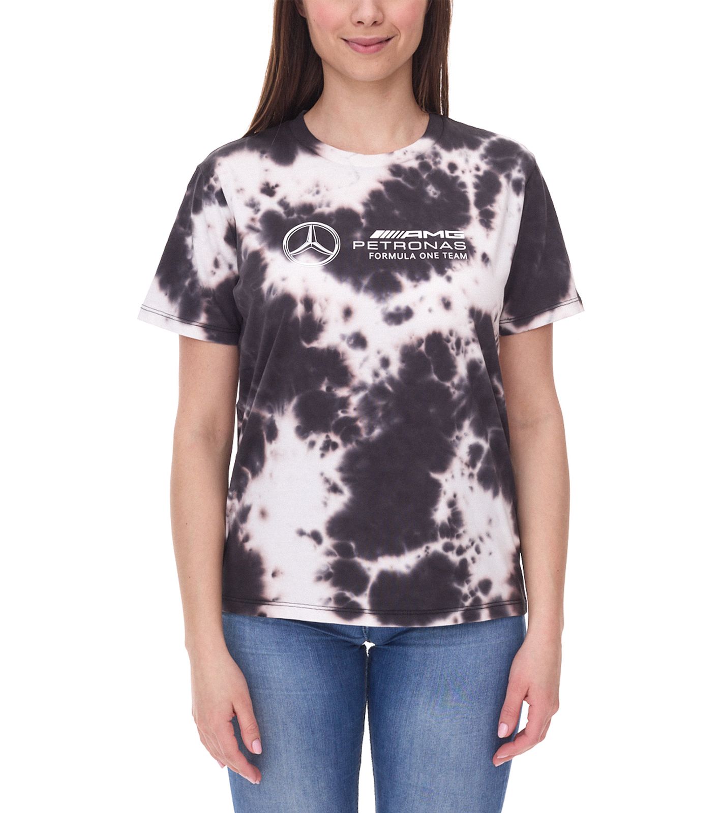 Mercedes-Benz AMG Petronas F1 Tie Dye Damen Baumwoll-Shirt Rundhals-Shirt mit Team- und Sponsoren-Logos T-Shirt im Batik Look 701225035 001 Braun/Creme