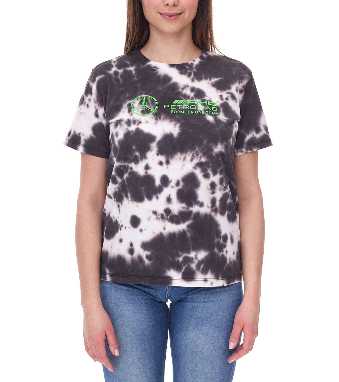 Mercedes-Benz AMG Petronas F1 Tie Dye Damen Baumwoll-Shirt Rundhals-Shirt mit Team- und Sponsoren-Logos T-Shirt im Batik Look 701225139 001 Schwarz/Creme