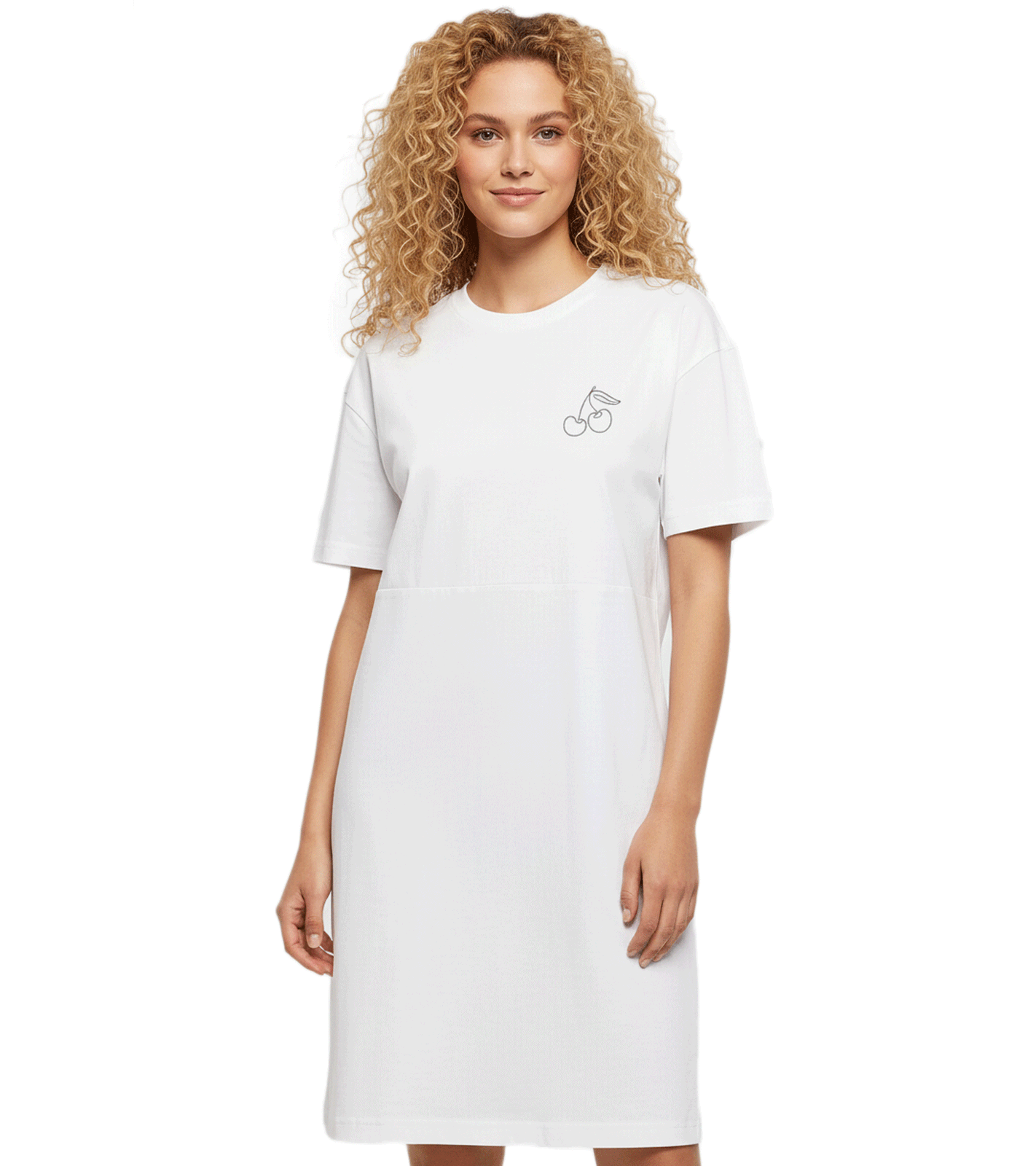 Merchcode Cherry Oversized Damen Schlitzkleid mit dezentem Kirschen Print weiß