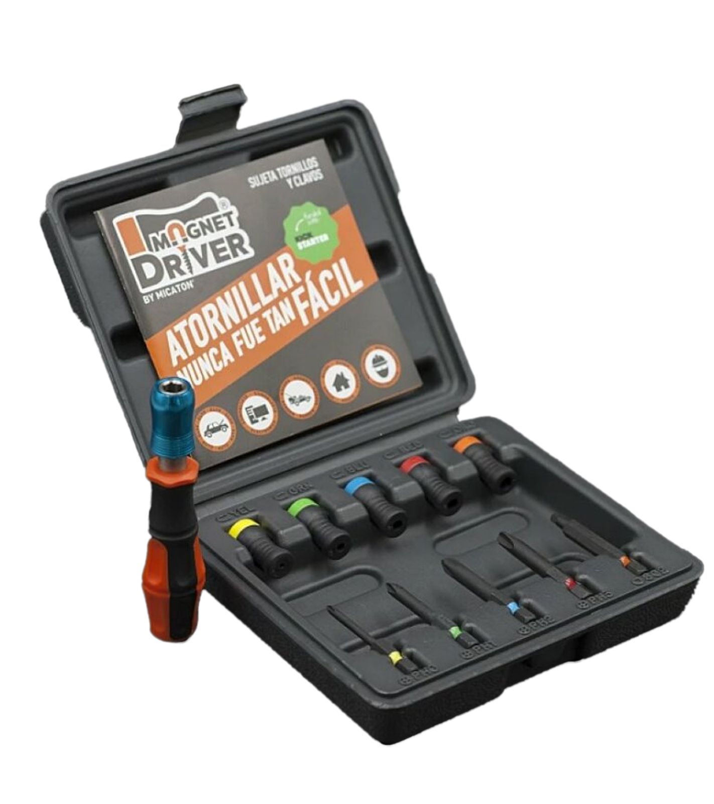MICATON Magnet-Driver Schraubendreher-Set magnetischer Bit-Halter mit 5 magnetischen Aufsätzen & 5 verlängerten Bits (PH0, PH1, PH2, PH3, SQ2) Werkzeug-Zubehör Schwarz/Bunt