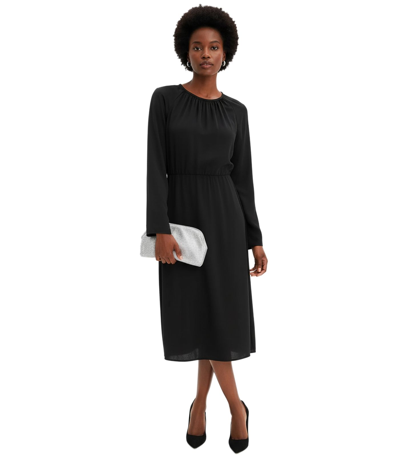 Minimalistisches Damen Satin-Kleid mit langen Ärmeln Maxi-Kleid 911211 Schwarz