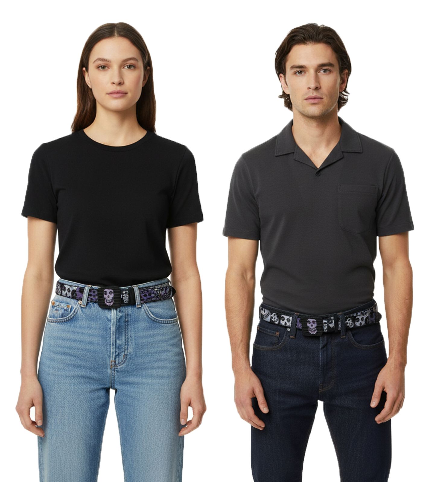 MISFITS Gürtel der Punk-Band für Damen und Herren im Destroyed Look mit Totenköpfen Freizeit-Gürtel BT109173MIS4 Schwarz/Weiß/Lila