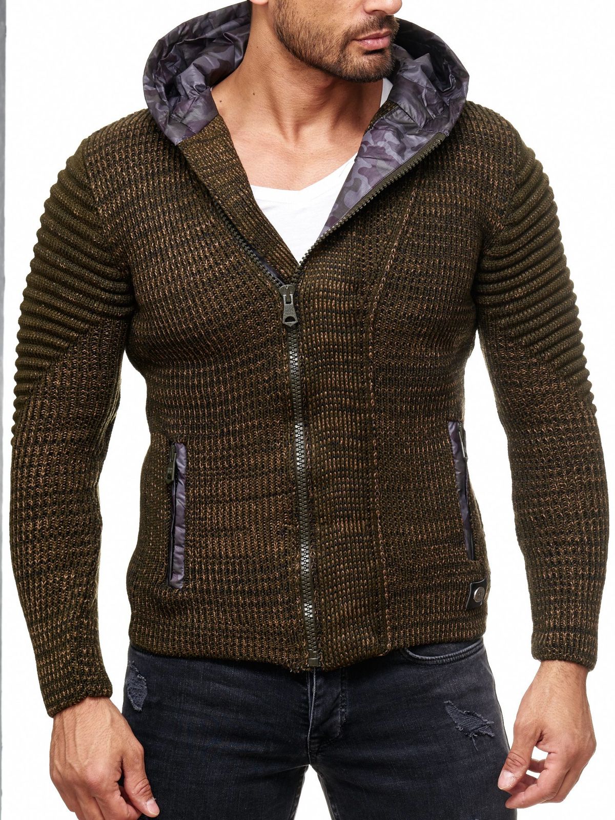 Moderne Herren Strick-Jacke mit Kapuze und asymmetrischem Reißverschluss Biker-Optik Strick-Hoodie 13302 Khaki