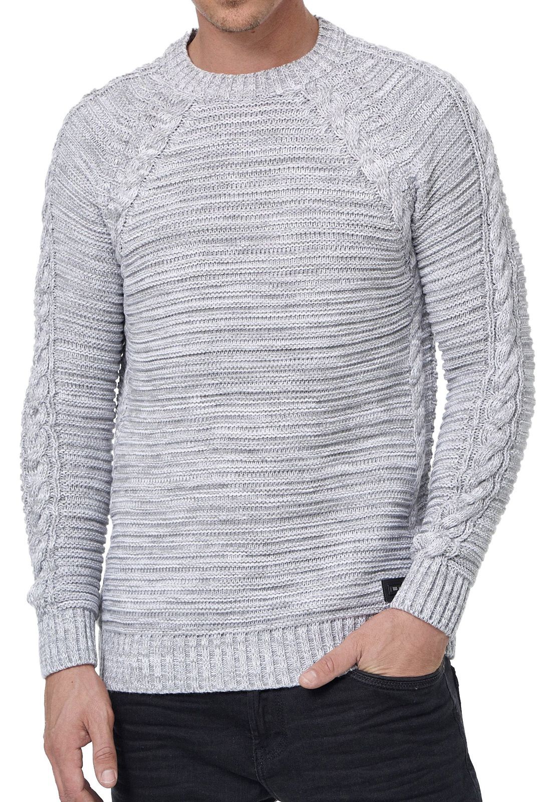 Moderner Herren Grobstrick-Pullover mit Zopfdetails und Rundhals Slim Fit Strick-Sweater 13386 Grau
